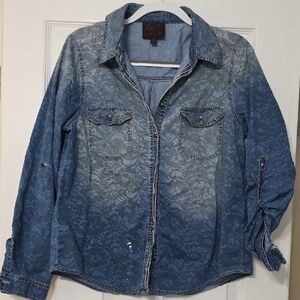 French Blue Stylish Blue Patterned Denim Shirt